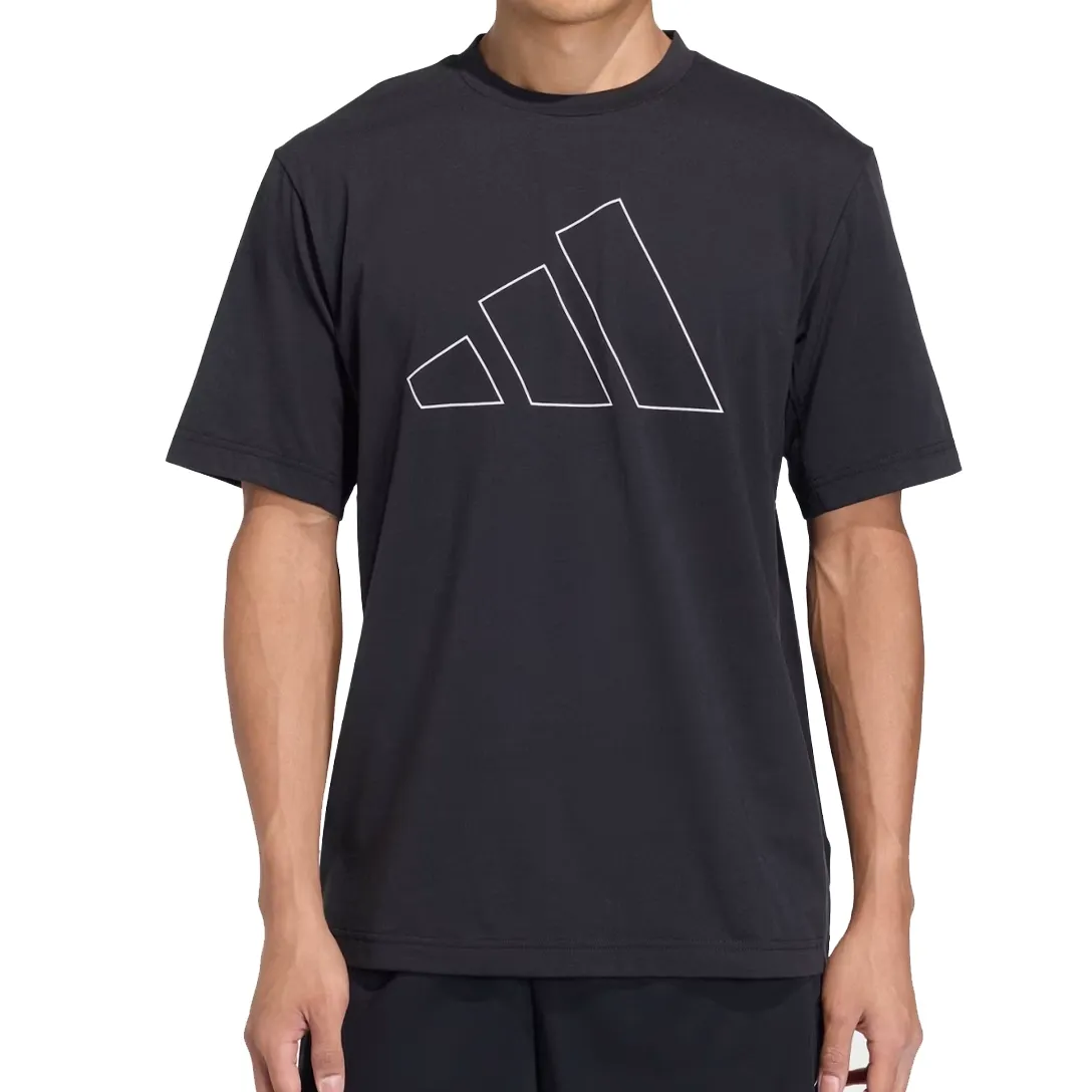 Vista lateral da camiseta masculina Adidas preta em poliéster com logo branco